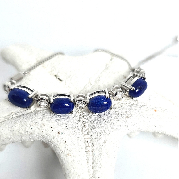 Natural Lapis Lazuli & CZ 925 Sterling Silver Bracelet - Picture 3 of 7